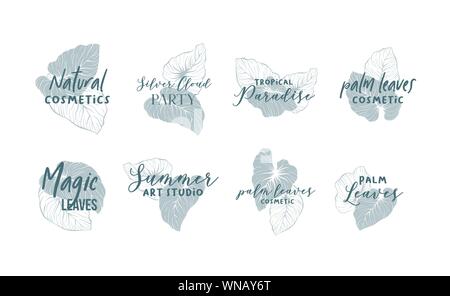 Palm Blätter Logo Design Vorlage festlegen. Kalligraphie schrift Pack. Organische, Natürliche Kosmetik Shop, Sommer art studio Vektor unterzeichnen. Exotischen, tropischen Dschungel Laub Umrisse und silhouette zeichnung Stock Vektor