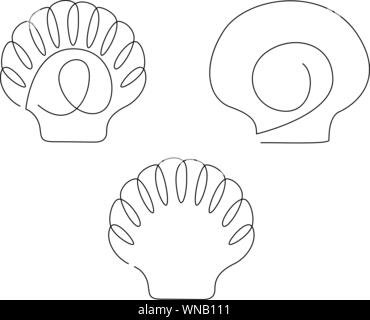 Shell durchgehende Linie Zeichnung eingestellt, Tätowierung, Drucken für Kleidung und Logo, silhouette einzelne Linie auf einem weißen Hintergrund, isolierte Vektor illustrati Stock Vektor