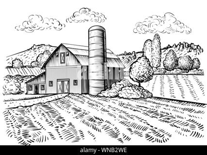 Ländliche Landschaft, Farm Barn und Windmühle Skizze. Hand zeichnen Abbildung: natürliche malerische Landschaft. Landwirtschaftlichen Hof und Feld. Vektor monochrom Übersicht Bild Stock Vektor