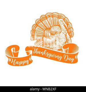 Happy Thanksgiving Truthahn. Feiern Ribbon mit der Türkei Skizze, handdrawn Zeichen auf weißem für Thanksgiving design isoliert. Stock Vektor