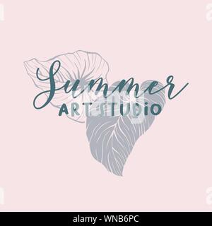 Sommer-kunst-Schule logo vektor design. Monstera, Banane geht Hand gezeichnet Logo Layout. Kunst-shop, Klassen Namensschild. Philodendron houseplant. Silhouette und Umrisse exotische Blätter clipart Stock Vektor