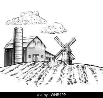 Windmühle auf landwirtschaftlichen Bereich auf dem Hintergrund Bäume und ländliche Landschaft hand gezeichnete Skizze stil Abbildung. Schwarze und weiße ländlichen Bauernhof Landschaft Vektor Bild Stock Vektor