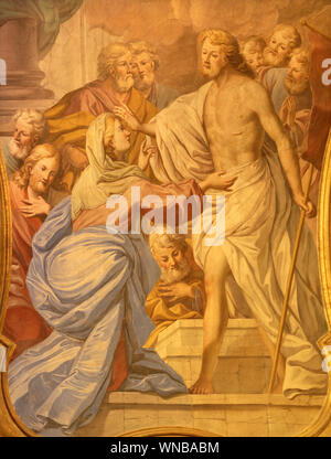 Rome, Italien - 10 April, 2018: Das Fresko Erscheinung des auferstandenen Jesus zu seiner Mutter und Apostel in der Basilika Collegiata di San Sebastiano. Stockfoto