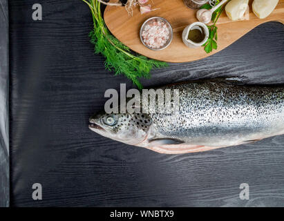 Frischen, rohen Lachs rot Fisch mit Gewürzen, Zitrone, Pfeffer, Kräutern auf dunklem Stein Hintergrund. Kreative Gestaltung aus Fisch, Ansicht von oben, flach Stockfoto