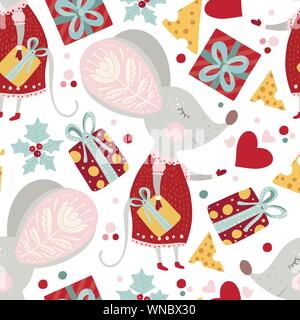 Die nahtlose Vektor Muster mit cute cartoon Maus mit Holly Berry und Geschenk im skandinavischen Stil. Flache Ratte kunstvolle Illustration für das Neue Jahr 2020. Stock Vektor
