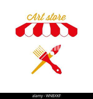 Kunst Store Zeichen, Emblem. Rot-weiß gestreiften Markise Zelt. Gekreuzt Malerpinsel Symbol. Goldene und rote Farben. Flache Vector Illustration. Stock Vektor