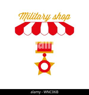 Armee Kleidung, militärische Store Zeichen, Emblem. Rot-weiß gestreiften Markise Zelt. Armee Abzeichen Symbol. Goldene und rote Farben. Flache Vector Illustration. Stock Vektor