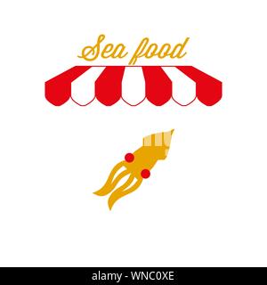 Sea Food Zeichen, Emblem. Rot-weiß gestreiften Markise Zelt. Squid-Symbol. Goldene und rote Farben. Flache Vector Illustration. Stock Vektor