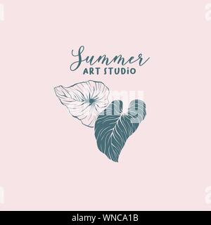 Sommer art studio, Schule logo vektor design. Silver Cloud Blätter Hand gezeichnet Logo Layout. Kunst-shop, store Namensschild. Philodendron, monstera Pflanze. Silhouette und Umrisse exotische Blätter Stock Vektor