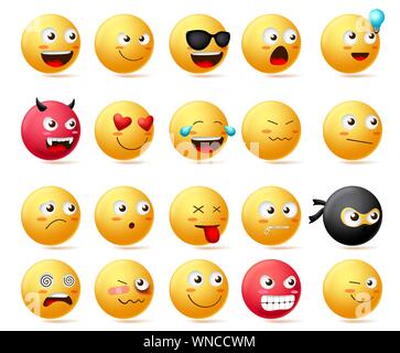 Smileys emoji Gesichter Vector eingestellt. Smileys Emoticons mit Seitenansicht Gesichter Charakter in traurigen, inlove, Stille, schwindlig, Ninja, wütend und glückliches Gesicht. Stock Vektor