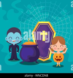 Süße Kinder verkleidet mit Symbolen halloween Vector Illustration Design Stock Vektor