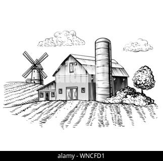 Ländliche Landschaft, Farm Barn und Windmühle Skizze. Hand zeichnen Abbildung: natürliche malerische Landschaft. Landwirtschaftlichen Hof und Feld. Vektor monochrom Übersicht Bild Stock Vektor