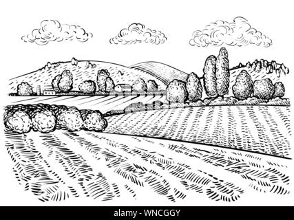 Ländliche Landschaft, handdrawn inked Skizze stil Abbildung. Hand zeichnen Abbildung: Outdoor natürliche malerische. Landwirtschaftlichen Hof und Feld. Vektor monochrom Übersicht Bild Stock Vektor