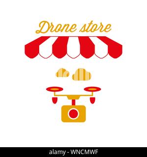 Drone Store Zeichen, Emblem. Rot-weiß gestreiften Markise Zelt. Quadrocopter Symbol. Goldene und rote Farben. Flache Vector Illustration. Stock Vektor