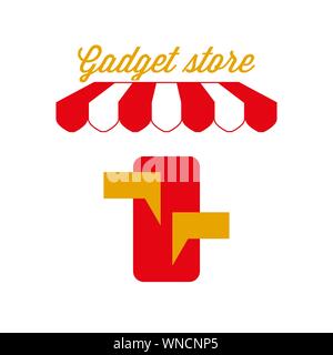 Shop Zeichen, Emblem. Rot-weiß gestreiften Markise Zelt. Handy Chat Symbol. Goldene und rote Farben. Flache Vector Illustration. Stock Vektor