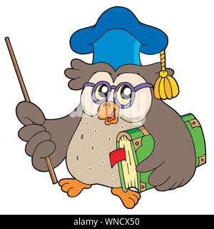 Eule Lehrer mit Buch und Zeiger Stock Vektor