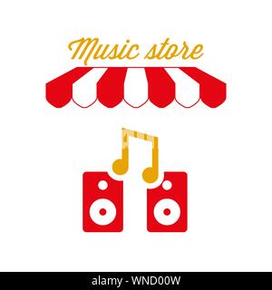 Music Store Zeichen, Emblem. Rot-weiß gestreiften Markise Zelt. Lautsprecher Symbol. Goldene und rote Farben. Flache Vector Illustration. Stock Vektor