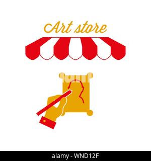 Kunst Store Zeichen, Emblem. Rot-weiß gestreiften Markise Zelt. Zeichnung Portrait Symbol. Goldene und rote Farben. Flache Vector Illustration. Stock Vektor