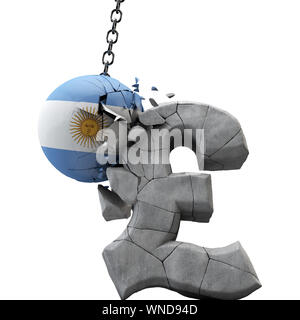 Argentinien Ball Zerschlagung ein Pfund Sterling Symbol. Britische Wirtschaft. 3D-Rendering Stockfoto