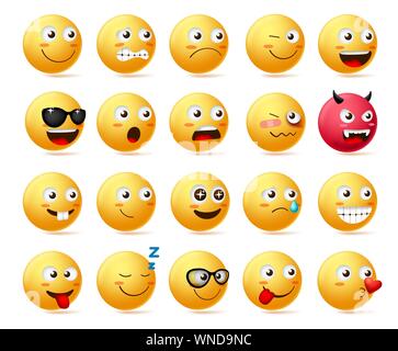 Smileys emoji Seitenansicht set Vektor. Smileys, Emoticons oder Symbol Gesicht Charakter in traurig, erschrocken, Dämon, schockiert und glücklich emotion Sonnenbrille tragen. Stock Vektor