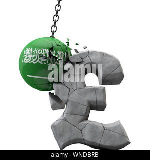 Saudi-arabien Ball Zerschlagung ein Pfund Sterling Symbol. Britische Wirtschaft. 3D-Rendering Stockfoto