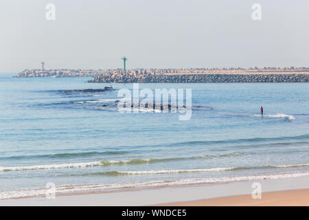 Strand Meer Wasser neben dem Hafen landungsbrücken Hafen Eingang bei Ebbe mit alten versunkenen Felsen Landschaft. Stockfoto