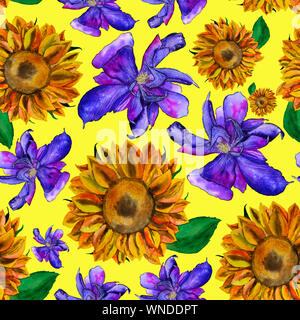 Clematis helle blaue Blume und gelbe Sonnenblumen nahtlose Muster Stockfoto