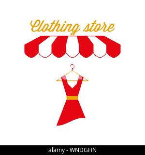 Clothing Store Zeichen, Emblem. Rot-weiß gestreiften Markise Zelt. Dress-Symbol. Goldene und rote Farben. Flache Vector Illustration. Stock Vektor