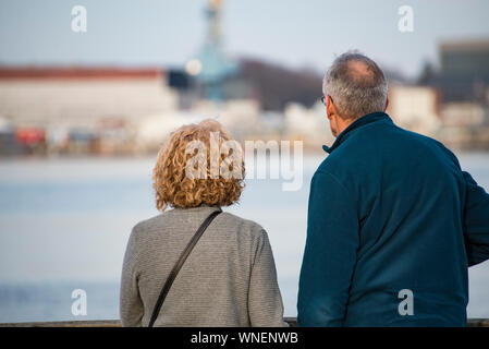 Senior Paar von hinten betrachten die Panoramaaussicht Stockfoto