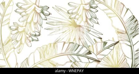 Palmen und Bananen pattern Golden tropic Vektor line Art. Sommer Poster exotische Dekoration Stock Vektor