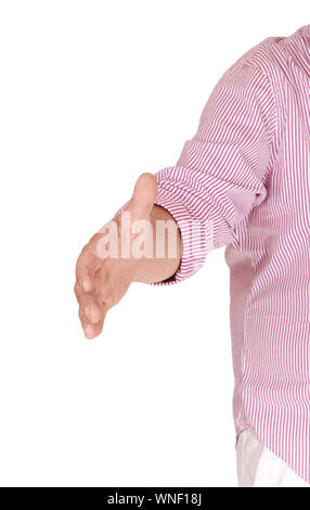 Eine Nahaufnahme Bild der ausgestreckten Hand bereit zu großen eine Person und ihn willkommen, auf weißem Hintergrund Stockfoto