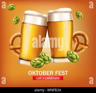 Bierkrüge banner Oktober fest Vektor realistisch. Frischer Sekt Bier und Brezel. 3d Ausführliche Darstellung Vorlage Stock Vektor