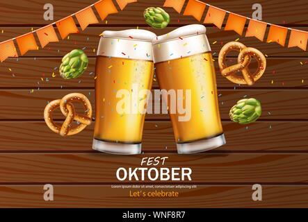 Bierkrüge banner Oktober fest Vektor realistisch. Frischer Sekt Bier mit brezel Holz- Hintergrund. 3d Ausführliche Darstellung Vorlage Stock Vektor