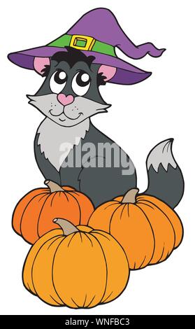 Katze mit Hut und Kürbisse Stock Vektor