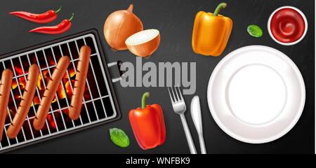 Grill Wurst und leeren Teller Vektor realistisch. Fleisch und Gemüse Menü Poster. Detaillierte 3 Abbildung d Stock Vektor