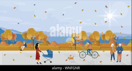 Menschen im Park Herbst Vector Flat Style. Herbst Plakat. Urban Lifestyle, Freizeit Stock Vektor