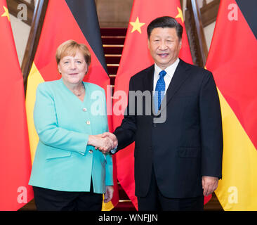 Peking, China. 6. Sep 2019. Der chinesische Präsident Xi Jinping erfüllt mit dem Besuch der deutschen Bundeskanzlerin Angela Merkel in Peking, der Hauptstadt von China, Sept. 6, 2019. Credit: Huang Jingwen/Xinhua/Alamy leben Nachrichten Stockfoto