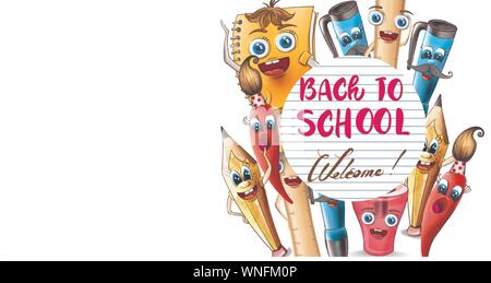 Zurück zu Schule Zeichentrickfiguren Vektor Aquarell. Schulbedarf Stift und Lineal lustige Figuren illustration Aquarell Stil Stock Vektor