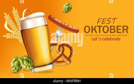 Bierkrüge banner Oktober fest Vektor realistisch. Frischer Sekt Bier und Brezel. 3d Ausführliche Darstellung Vorlage Stock Vektor