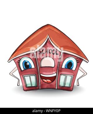School House Vektor. Zeichentrickfiguren Abbildung. Rotes Gebäude Stock Vektor