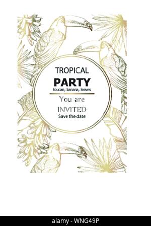 Parrot golden card Vektor line Art. exotische Palmen Dekor. Sommer tropic Party Poster Stock Vektor
