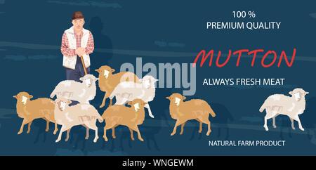 Alter Bauer und Schafe Vektor Banner. Hammel Produkte der biologischen Landwirtschaft Stock Vektor