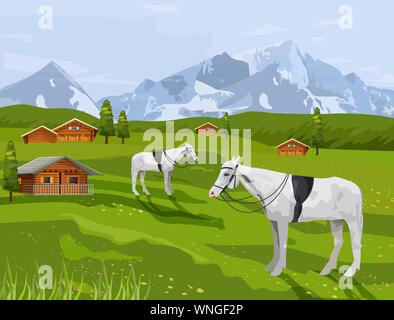 Pferde im ländlichen Landschaft Vektor. Sommer Landwirtschaft auf die Berge im Hintergrund Stock Vektor