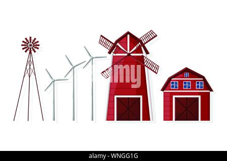Windmühle und Farm House Set Vector Flat Style Collection Stock Vektor