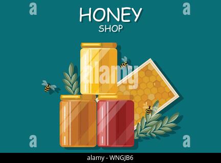 Honig Flaschen Vector Flat Style. Frisches Produkt Vorlage label Stock Vektor