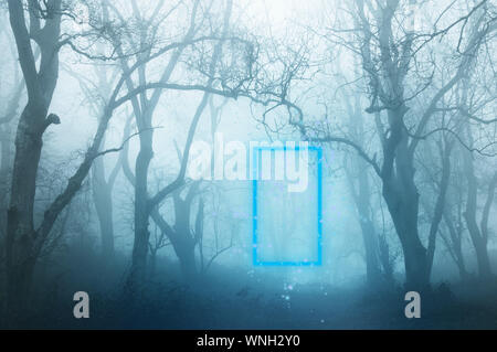 Eine blau leuchtende transparenter Tür, mit magischen Lichter rund um verschieben, schwimmen in einem stimmungsvollen, atmosphärischen Winter Wald. Stockfoto