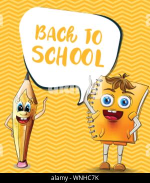Zurück zu Schule comics Comicfiguren Vektor. Notizbuch und Bleistift lustige Figuren illustration Aquarell Stil Stock Vektor