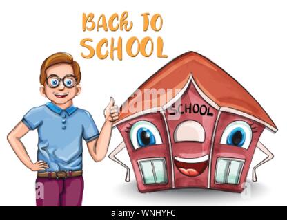 Glückliches Kind und Cartoon Haus zurück zu Schule Konzept Vektor. Zeichentrickfiguren Abbildung Stock Vektor