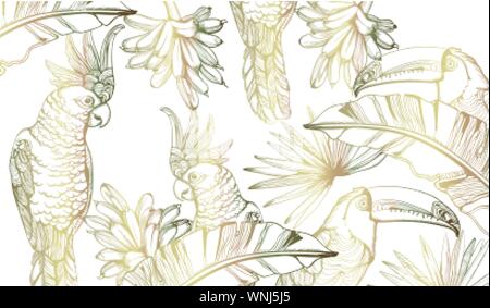 Parrot golden card Vektor line Art. exotische Palmen Dekor. Summer Party Hintergrund Stock Vektor