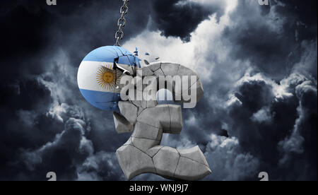 Argentinien Ball Zerschlagung ein Pfund Sterling Symbol. Britische Wirtschaft. 3D-Rendering Stockfoto